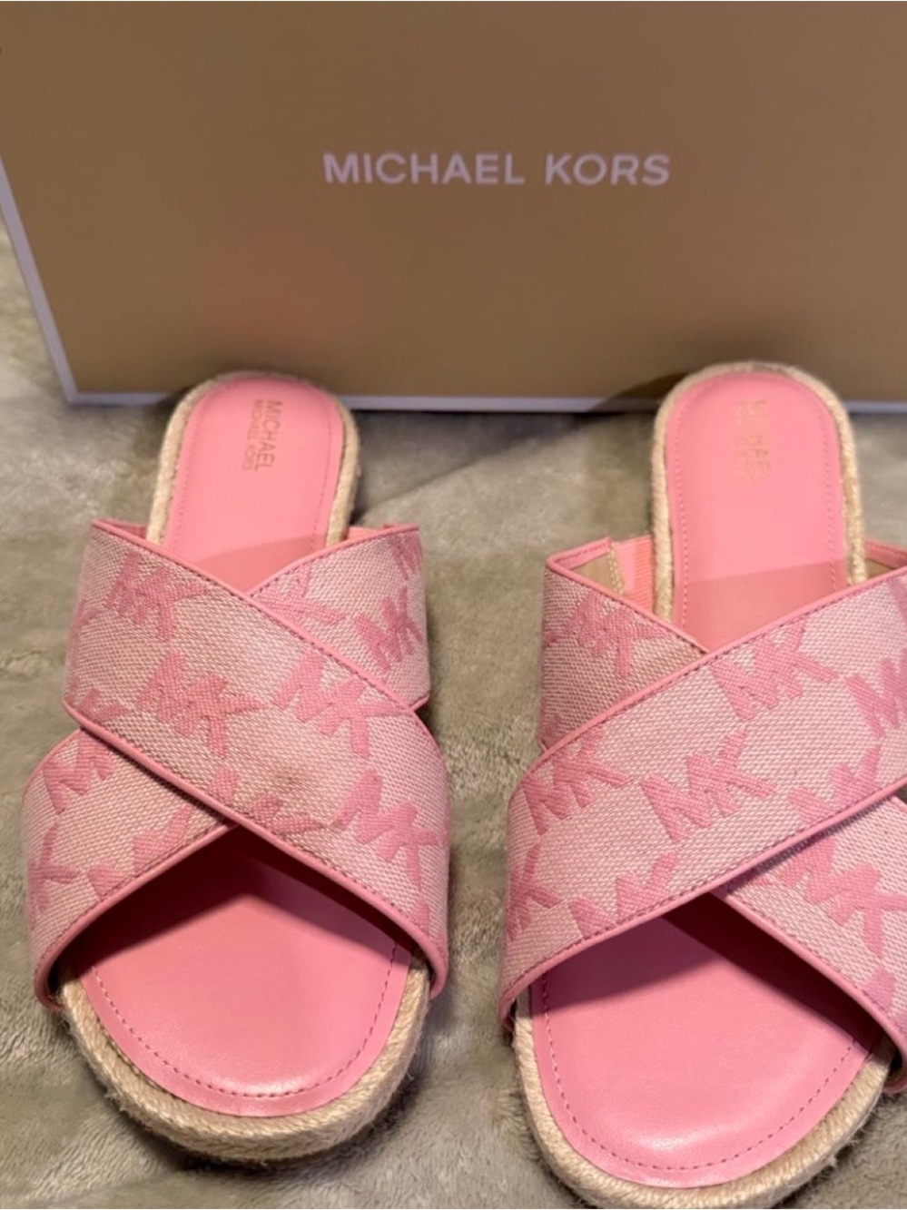 Michael Kors Pink MK Logo Crossband Slide Sandals